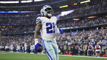 Ezekiel Elliott #21 of the Dallas Cowboys celebrates after the touchdown against the Philadelphia Eagles at AT&T Stadium on December 24, 2022 in Arlington, Texas. (Photo by Cooper Neill/Getty Images)
