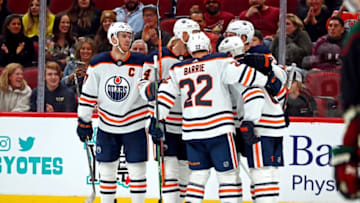 Edmonton Oilers Celebrating Goal vs Arizona Coyotes Mandatory Credit: Mark J. Rebilas-USA TODAY Sports
