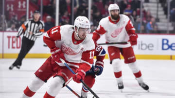 MONTREAL, QC - MARCH 12: Filip Zadina #11 of the Detroit Red Wings skates the puck against the Montreal Canadiens during the NHL game at the Bell Centre on March 12, 2019 in Montreal, Quebec, Canada. The Montreal Canadiens defeated the Detroit Red Wings 3-1. (Photo by Minas Panagiotakis/Getty Images)