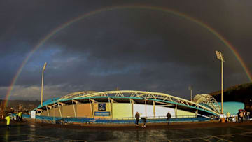 HUDDERSFIELD, ENGLAND - NOVEMBER 26: (EDITORS NOTE: This image was processed using digital filters) A rainbow is seen over the John Smith's Stadium ahead of the Premier League match between Huddersfield Town and Manchester City at John Smith's Stadium on November 26, 2017 in Huddersfield, England. (Photo by Shaun Botterill/Getty Images)