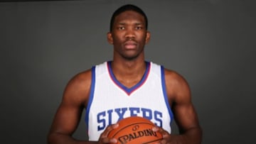 Sep 29, 2014; Philadelphia, PA, USA; Philadelphia 76ers center Joel Embiid (21) during media day at the Wells Fargo Center. Mandatory Credit: Bill Streicher-USA TODAY Sports