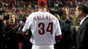 PHILADELPHIA - OCTOBER 6: Roy Halladay of the Philadelphia Phillies is interviewed after pitching a no-hitter during Game One of the National League Division Series against the Cincinnati Reds at Citizens Bank Park on Wednesday, October 6, 2010 in Philadelphia, Pennsylvania. The Phillies defeated the Reds 4-0. (Photo by Rich Pilling/MLB via Getty Images)
