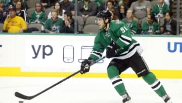Mar 17, 2016; Dallas, TX, USA; Dallas Stars center Tyler Seguin (91) skates with the puck against the Tampa Bay Lightning in the first period at American Airlines Center. Mandatory Credit: Tim Heitman-USA TODAY Sports