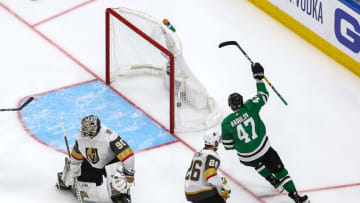 EDMONTON, ALBERTA - SEPTEMBER 10: Alexander Radulov #47 of the Dallas Stars scores the game-winning goal past Robin Lehner #90 of the Vegas Golden Knights during the first overtime period to give the Stars the 3-2 victory in Game Three of the Western Conference Final during the 2020 NHL Stanley Cup Playoffs at Rogers Place on September 10, 2020 in Edmonton, Alberta, Canada. (Photo by Bruce Bennett/Getty Images)