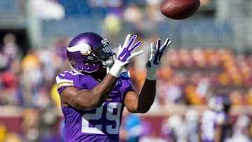 Sep 27, 2015; Minneapolis, MN, USA; Minnesota Vikings defensive back Xavier Rhodes (29) catches a pass before the game against the San Diego Chargers at TCF Bank Stadium. Mandatory Credit: Brad Rempel-USA TODAY Sports