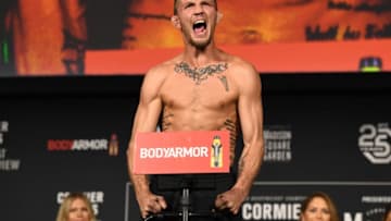 NEW YORK, NEW YORK - NOVEMBER 02: Jason Knight poses on the scale during the UFC 230 weigh-in inside Hulu Theater at Madison Square Garden on November 2, 2018 in New York, New York. (Photo by Jeff Bottari/Zuffa LLC/Zuffa LLC via Getty Images)