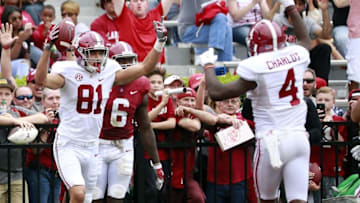 Apr 16, 2016; Tuscaloosa, AL, USA; Alabama Crimson Tide wide receiver Derek Kief (81) reacts after catching a touchdown pass during the annual A-day game at Bryant-Denny Stadium. Mandatory Credit: Marvin Gentry-USA TODAY Sports