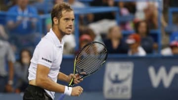 Aug 2, 2014; Washington, DC, USA; Richard Gasquet gestures after winning a first set tie-breaker against Vasek Pospisil (not pictured) in a men