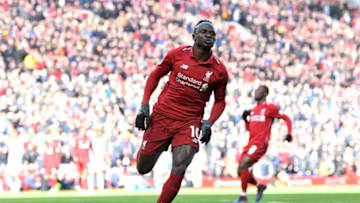 LIVERPOOL, ENGLAND - MARCH 10: Sadio Mane of Liverpool celebrates scoring his sides fourth goal during the Premier League match between Liverpool FC and Burnley FC at Anfield on March 10, 2019 in Liverpool, United Kingdom. (Photo by Michael Regan/Getty Images)