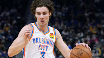 Josh Giddey #3 of the Oklahoma City Thunder drives towards the basket against the Golden State Warriors during the first quarter at Chase Center on October 30, 2021 in San Francisco, California. (Photo by Thearon W. Henderson/Getty Images)