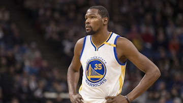 Dec 11, 2016; Minneapolis, MN, USA; Golden State Warriors forward Kevin Durant (35) looks on during the first half against the Minnesota Timberwolves at Target Center. Mandatory Credit: Jesse Johnson-USA TODAY Sports