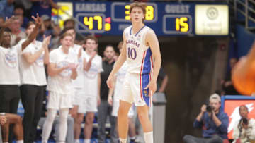 Kansas freshman guard Johnny Furphy (10) reacts after sinking a three-pointer during the first half of Monday's game against North Carolina Central inside Allen Fieldhouse.