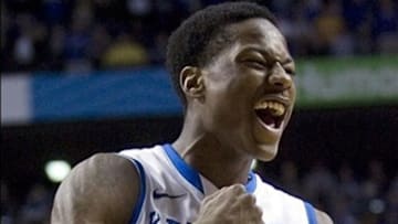 Feb 23, 2013; Lexington, KY, USA; Kentucky Wildcats guard Archie Goodwin (10) celebrates during the game against the Missouri Tigers in the second half at Rupp Arena. Kentucky defeated Missouri 90-83. Mandatory Credit: Mark Zerof-USA TODAY Sports