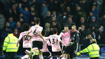 LIVERPOOL, ENGLAND - DECEMBER 18: Jamie Vardy and Kasper Schmeichel of Leicester City celebrate victory with teammates after the Carabao Cup Quarter Final match between Everton FC and Leicester FC at Goodison Park on December 18, 2019 in Liverpool, England. (Photo by Matthew Lewis/Getty Images)