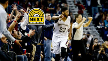 Mar 3, 2017; New Orleans, LA, USA; New Orleans Pelicans forward Anthony Davis (23) reacts after hitting a three point basket during the fourth quarter against the San Antonio Spurs at the Smoothie King Center. The Spurs defeated the Pelicans 101-98 in overtime. Mandatory Credit: Derick E. Hingle-USA TODAY Sports
