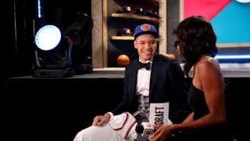 BROOKLYN, NY - JUNE 21: Kevin Knox talks to the media after being selected number nine overall by the New York Knicks on June 21, 2018 at Barclays Center during the 2018 NBA Draft in Brooklyn, New York. NOTE TO USER: User expressly acknowledges and agrees that, by downloading and or using this photograph, User is consenting to the terms and conditions of the Getty Images License Agreement. Mandatory Copyright Notice: Copyright 2018 NBAE (Photo by Michael J. LeBrecht II/NBAE via Getty Images)