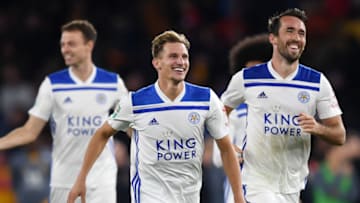 WOLVERHAMPTON, ENGLAND - SEPTEMBER 25: Marc Albrighton of Leicester City celebrates victory in the penalty shoot out during the Carabao Cup Third Round match between Wolverhampton Wanderers and Leicester City at Molineux on September 25, 2018 in Wolverhampton, England. (Photo by Michael Regan/Getty Images)
