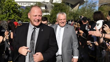 LAS VEGAS, NEVADA - OCTOBER 04: Head coach Gerard Gallant (L) and assistant coach Mike Kelly of the Vegas Golden Knights arrive at the team's home opener against the Philadelphia Flyers at T-Mobile Arena on October 04, 2018 in Las Vegas, Nevada. (Photo by Ethan Miller/Getty Images)