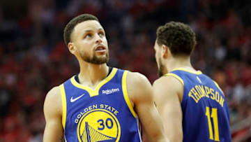 HOUSTON, TX - MAY 04: Stephen Curry #30 of the Golden State Warriors reacts in the second quarter during Game Three of the Second Round of the 2019 NBA Western Conference Playoffs against the Houston Rockets at Toyota Center on May 4, 2019 in Houston, Texas. NOTE TO USER: User expressly acknowledges and agrees that, by downloading and or using this photograph, User is consenting to the terms and conditions of the Getty Images License Agreement. (Photo by Tim Warner/Getty Images)