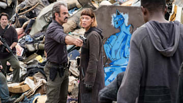 Simon (Steven Ogg) and Jadis (Pollyanna McIntosh) in episode 810 of The Walking Dead (2010). Photo: Gene Page/AMC