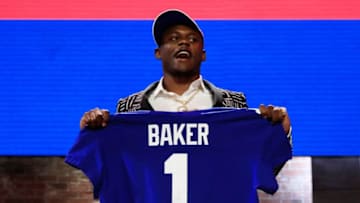 NASHVILLE, TENNESSEE - APRIL 25: Deandre Baker of Georgia reacts after being chosen #30 overall by the New York Giants during the first round of the 2019 NFL Draft on April 25, 2019 in Nashville, Tennessee. (Photo by Andy Lyons/Getty Images)