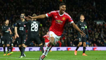 MANCHESTER, ENGLAND - FEBRUARY 25: Marcus Rashford of Manchester United celebrates scoring his team's third goal during the UEFA Europa League Round of 32 second leg match between Manchester United and FC Midtjylland at Old Trafford on February 25, 2016 in Manchester, United Kingdom. (Photo by Alex Livesey/Getty Images)