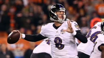 Nov 30, 2015; Cleveland, OH, USA; Baltimore Ravens quarterback Matt Schaub (8) looks to pass in the first half against the Cleveland Browns at FirstEnergy Stadium. Mandatory Credit: Aaron Doster-USA TODAY Sports