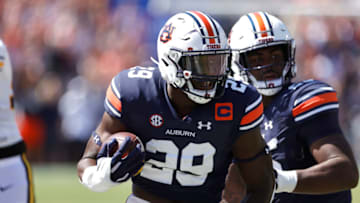 Auburn football Sep 24, 2022; Auburn, Alabama, USA; Auburn Tigers linebacker Derick Hall (29) returns an interception against the Missouri Tigers during the first quarter at Jordan-Hare Stadium. Mandatory Credit: John Reed-USA TODAY Sports