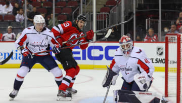 Washington Capitals goaltender Vitek Vanecek (41) defends his net during the second period of their game against the New Jersey Devils at Prudential Center. Mandatory Credit: Ed Mulholland-USA TODAY Sports