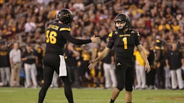 TEMPE, AZ - OCTOBER 14: Place kicker Brandon Ruiz #1 of the Arizona State Sun Devils high fives holder Michael Sleep-Dalton #36 after kicking a 25 yard field goal against the Washington Huskies during the first half of the college football game at Sun Devil Stadium on October 14, 2017 in Tempe, Arizona. (Photo by Christian Petersen/Getty Images)
