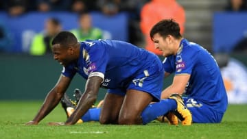 LEICESTER, ENGLAND - SEPTEMBER 23: Wes Morgan of Leicester City and Harry Maguire of Leicester City look dejected after liverpool score their third goal during the Premier League match between Leicester City and Liverpool at The King Power Stadium on September 23, 2017 in Leicester, England. (Photo by Laurence Griffiths/Getty Images)