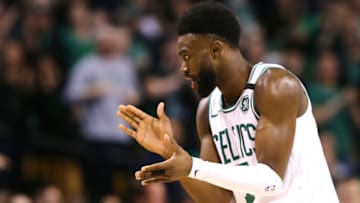 BOSTON, MA - MAY 27: Jaylen Brown #7 of the Boston Celtics reacts during Game Seven of the 2018 NBA Eastern Conference Finals against the Cleveland Cavaliers at TD Garden on May 27, 2018 in Boston, Massachusetts. (Photo by Maddie Meyer/Getty Images)