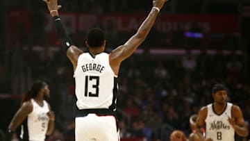 LOS ANGELES, CALIFORNIA - DECEMBER 01: Paul George #13 of the Los Angeles Clippers reacts during the first half against the Washington Wizards at Staples Center on December 01, 2019 in Los Angeles, California. NOTE TO USER: User expressly acknowledges and agrees that, by downloading and or using this photograph, User is consenting to the terms and conditions of the Getty Images License Agreement. (Photo by Katharine Lotze/Getty Images)