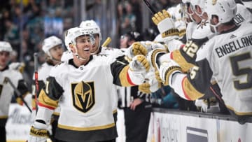 SAN JOSE, CA - OCTOBER 04: The Vegas Golden Knights celebrate a goal against the San Jose Sharks at SAP Center on October 4, 2019 in San Jose, California. (Photo by Brandon Magnus/NHLI via Getty Images)