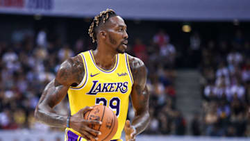 SHENZHEN, CHINA - OCTOBER 12: #39 Dwight Howard of the Los Angeles Lakers looks on during the match against the Brooklyn Nets during a preseason game as part of 2019 NBA Global Games China at Shenzhen Universiade Center on October 12, 2019 in Shenzhen, Guangdong, China. (Photo by Zhong Zhi/Getty Images)