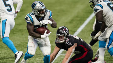 Oct 11, 2020; Atlanta, Georgia, USA; Carolina Panthers running back Mike Davis (28) runs against the Atlanta Falcons during the second half at Mercedes-Benz Stadium. Mandatory Credit: Dale Zanine-USA TODAY Sports