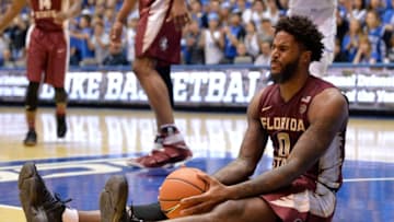 DURHAM, NC - DECEMBER 30: Phil Cofer #0 of the Florida State Seminoles reacts after being called for a foul against the Duke Blue Devils during their game at Cameron Indoor Stadium on December 30, 2017 in Durham, North Carolina. Duke won 100-93. (Photo by Grant Halverson/Getty Images)