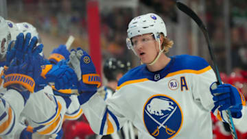 Nov 7, 2023; Raleigh, North Carolina, USA; Buffalo Sabres defenseman Rasmus Dahlin (26) celebrates his goal against the Carolina Hurricanes during the third period at PNC Arena. Mandatory Credit: James Guillory-USA TODAY Sports
