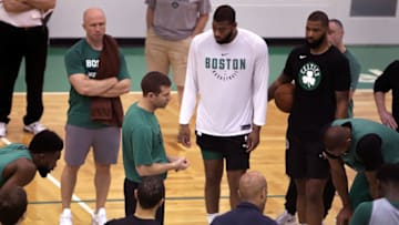 WALTHAM, MA - MAY 17: Boston Celtics head coach Brad Stevens, center, addresses players during Celtics practice at the team's practice facility in Waltham, MA on May 17, 2018. (Photo by Barry Chin/The Boston Globe via Getty Images)
