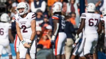 Mississippi State Bulldogs quarterback Will Rogers (2) celebrates a touchdown pass against Auburn football at Jordan-Hare Stadium in Auburn, Ala., on Saturday, Nov. 13, 2021.