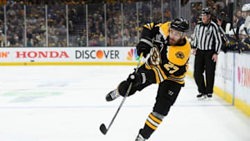 BOSTON, MA - JUNE 6: John Moore #27of the Boston Bruins shoots against the St Louis Blues during Game Five of the 2019 NHL Stanley Cup Final at the TD Garden on June 6, 2019 in Boston, Massachusetts. (Photo by Brian Babineau/NHLI via Getty Images)