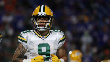 ORCHARD PARK, NY - OCTOBER 30: Christian Watson #9 of the Green Bay Packers on the field before a game against the Buffalo Bills at Highmark Stadium on October 30, 2022 in Orchard Park, New York. (Photo by Timothy T Ludwig/Getty Images)
