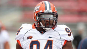 Oct 6, 2012; Madison, WI, USA; Illinois Fighting Illini defensive tackle Akeem Spence (94) prior to the game against the Wisconsin Badgers at Camp Randall Stadium. Mandatory Credit: Brace Hemmelgarn-USA TODAY Sports