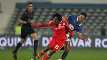 LISBON, PORTUGAL - FEBRUARY 05: Belenenses's defender aguilar tackles Benfica's midfielder Renato Sanches during the match between Os Belenenses and SL Benfica at Estadio do Restelo on February 05, 2016 in Lisbon, Portugal. (Photo by Carlos Rodrigues/Getty Images)