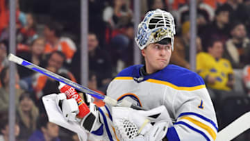 Apr 1, 2023; Philadelphia, Pennsylvania, USA; Buffalo Sabres goaltender Ukko-Pekka Luukkonen (1) against the Philadelphia Flyers during the second period at Wells Fargo Center. Mandatory Credit: Eric Hartline-USA TODAY Sports