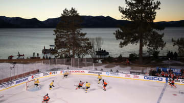 STATELINE, NEVADA - FEBRUARY 21: General view of action between the Boston Bruins and the Philadelphia Flyers during the 'NHL Outdoors At Lake Tahoe' at the Edgewood Tahoe Resort on February 21, 2021 in Stateline, Nevada. The Bruins defeated the Flyers 7-3. (Photo by Christian Petersen/Getty Images)