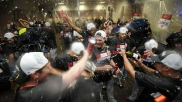 Sep 28, 2014; Phoenix, AZ, USA; The St. Louis Cardinals players celebrate winning the National League Central division at Chase Field. The Cardinals won 1-0. Mandatory Credit: Joe Camporeale-USA TODAY Sports