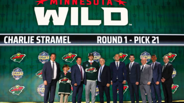 NASHVILLE, TENNESSEE - JUNE 28: Charlie Stramel is selected by the Minnesota Wild with the 21st overall pick during round one of the 2023 Upper Deck NHL Draft at Bridgestone Arena on June 28, 2023 in Nashville, Tennessee. (Photo by Bruce Bennett/Getty Images)