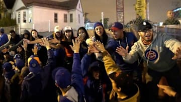 Nov 2, 2016; Chicago, IL, USA; Chicago Cubs fans celebrate after game seven of the 2016 World Series against the Cleveland Indians outside of Wrigley Field. Cubs won 8-7. Mandatory Credit: Patrick Gorski-USA TODAY Sports