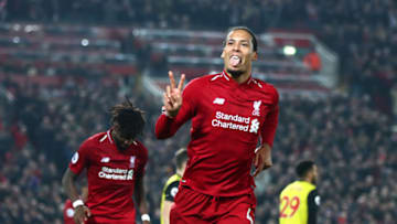 LIVERPOOL, ENGLAND - FEBRUARY 27: Virgil van Dijk of Liverpool celebrates after scoring his team's fifth goal during the Premier League match between Liverpool FC and Watford FC at Anfield on February 27, 2019 in Liverpool, United Kingdom. (Photo by Clive Brunskill/Getty Images)
